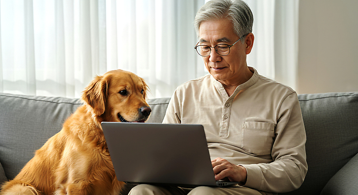 JPG 편집이미지 할아버지 노년 남자 거실 집안 한명 미소 상반신 일상 노트북 실버라이프 소파 햇빛 커튼 골든리트리버 강아지 의료성형뷰티 노인남자한명만 안경낌 편집실사 AI인물포토 AI콘텐츠 1 라이프스타일 안경 의자 실내 표정 사람 성인 라이프 전자제품 반려동물 태양 개 리트리버 CG 남자한명만 노인남자만 파일형식 AI포토