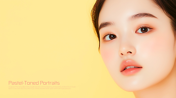 PSD 편집이미지 응시 여자 얼굴 한명 성인 화장 노란색 광택 파스텔톤 의료성형뷰티 성인여자한명만 이미지편집 1 시선 컬러 사람 신체부위 뷰티 여자한명만 성인여자만 파일형식