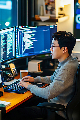 JPG 편집이미지 남자 의자 정보기술 한명 앉기 상반신 성인 사무실 모니터 타이핑 키보드 커피잔 집중 책상 프로그래머 프로그래밍 의료성형뷰티 성인남자한명만 안경낌 코딩 편집실사 AI인물포토 AI콘텐츠 직업 1 안경 커피 가구 컨셉 비즈니스 모션 잔 기술 사람 컴퓨터 작업 CG 개발 컴퓨터교육 남자한명만 성인남자만 파일형식 AI포토