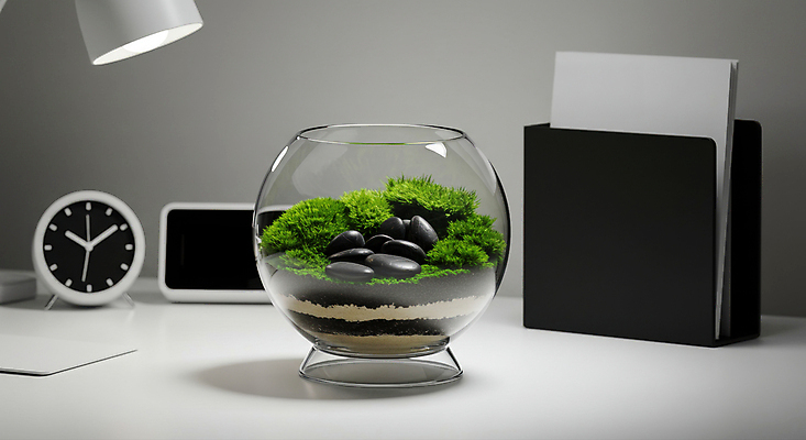 JPG 편집이미지 종이 그림자 이끼 취미 사람없음 빛 흙 돌_바위 스탠드 탁상시계 원예식물 유리화분 테라리움 편집실사 AI포토 AI콘텐츠 식물 화분 시계 조명 CG 원예 파일형식