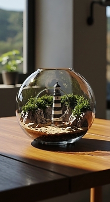 JPG 편집이미지 등대 그림자 이끼 취미 사람없음 장식 빛 흙 미니어처 바위 원예식물 나무탁자 유리화분 테라리움 편집실사 AI포토 AI콘텐츠 식물 화분 탁자 모형 돌_바위 CG 원예 파일형식