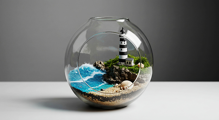 JPG 편집이미지 모래 탁자 주택 등대 그림자 이끼 취미 해변 사람없음 장식 미니어처 돌_바위 원예식물 유리화분 테라리움 편집실사 AI포토 AI콘텐츠 식물 화분 바다 가구 건물 모형 CG 원예 파일형식