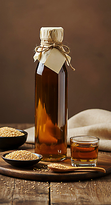 JPG 편집이미지 리본 유리병 잔 사람없음 갈색 천 노끈 나무숟가락 나무받침 나무접시 나무탁자 들깨 참기름 참깨 들기름 편집실사 AI포토 AI콘텐츠 식기 접시 줄 컬러 탁자 병_용기 목재 숟가락 직물 기름_음식 받침대 CG 깨 파일형식