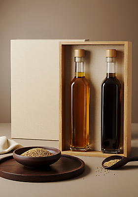 JPG 편집이미지 유리병 사람없음 선물상자 갈색 나무숟가락 나무받침 나무접시 들깨 참기름 참깨 들기름 편집실사 AI포토 AI콘텐츠 접시 컬러 병_용기 선물 목재 상자 숟가락 기름_음식 받침대 CG 깨 파일형식