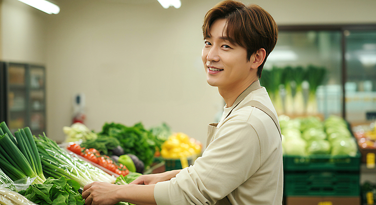 JPG 편집이미지 응시 남자 중년 채소 한명 미소 상반신 앞치마 정리 슈퍼마켓 의료성형뷰티 중년남자한명만 소상공인 편집실사 AI인물포토 AI콘텐츠 직업 1 시선 표정 사람 성인 경제 상점 상인 CG 남자한명만 중년남자만 파일형식 AI포토