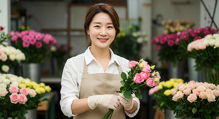 JPG 편집이미지 응시 여자 중년 장갑 한명 미소 들기 상반신 장미 앞치마 꽃집 플로리스트 의료성형뷰티 중년여자한명만 소상공인 편집실사 AI인물포토 AI콘텐츠 직업 1 시선 잡화 꽃 모션 표정 사람 성인 경제 상점 상인 CG 여자한명만 중년여자만 파일형식 AI포토