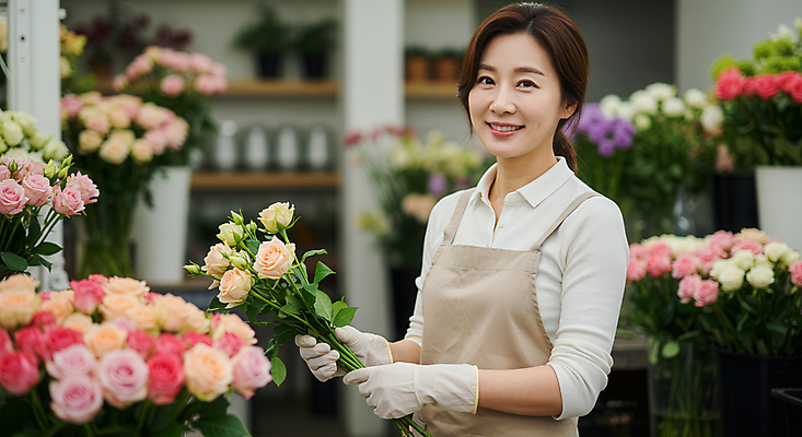 JPG 편집이미지 응시 여자 중년 장갑 한명 미소 들기 상반신 장미 앞치마 꽃집 플로리스트 의료성형뷰티 중년여자한명만 소상공인 편집실사 AI인물포토 AI콘텐츠 직업 1 시선 잡화 꽃 모션 표정 사람 성인 경제 상점 상인 CG 여자한명만 중년여자만 파일형식 AI포토