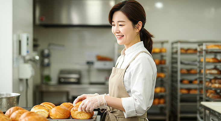JPG 편집이미지 여자 빵 중년 장갑 한명 미소 상반신 앞치마 빵집 잡기 제빵 제빵사 의료성형뷰티 중년여자한명만 소상공인 편집실사 AI인물포토 AI콘텐츠 직업 1 잡화 음식 모션 표정 사람 성인 경제 제과제빵 상점 상인 CG 여자한명만 중년여자만 파일형식 AI포토