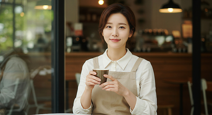 JPG 편집이미지 응시 여자 휴식 한명 미소 들기 상반신 성인 앞치마 카페 커피잔 바리스타 의료성형뷰티 성인여자한명만 소상공인 편집실사 AI인물포토 AI콘텐츠 직업 1 시선 커피 컨셉 모션 잔 표정 사람 경제 상점 상인 CG 여자한명만 성인여자만 파일형식 AI포토