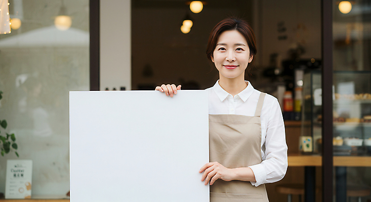 JPG 편집이미지 응시 여자 한명 미소 들기 상반신 성인 앞치마 카페 팻말 바리스타 의료성형뷰티 성인여자한명만 소상공인 편집실사 AI인물포토 AI콘텐츠 직업 1 시선 모션 프레임 표정 사람 경제 상점 상인 CG 여자한명만 성인여자만 파일형식 AI포토