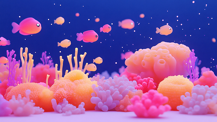 JPG 편집이미지 바다 사람없음 3D 바닷속 산호초 열대어 형광색 환상 편집3D AI컴퓨터그래픽 AI콘텐츠 컬러 컨셉 어류 수중 수중식물 디지털합성 파일형식
