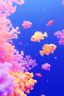 JPG 편집이미지 바다 사람없음 3D 바닷속 물방울 산호초 형광색 흰동가리 환상 편집3D AI컴퓨터그래픽 AI콘텐츠 컬러 컨셉 어류 수중 수중식물 디지털합성 파일형식