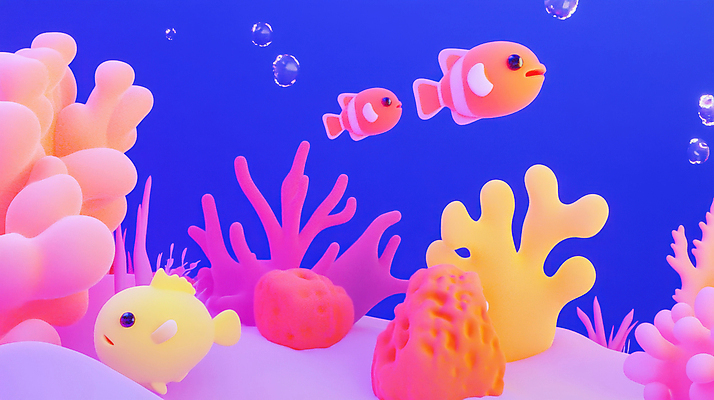 JPG 편집이미지 바다 사람없음 3D 바닷속 물방울 산호초 열대어 형광색 환상 편집3D AI컴퓨터그래픽 AI콘텐츠 컬러 컨셉 어류 수중 수중식물 디지털합성 파일형식