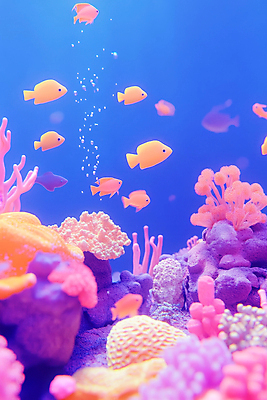 JPG 편집이미지 바다 사람없음 3D 바닷속 바위 물방울 산호초 열대어 형광색 환상 편집3D AI컴퓨터그래픽 AI콘텐츠 컬러 컨셉 어류 수중 돌_바위 수중식물 디지털합성 파일형식