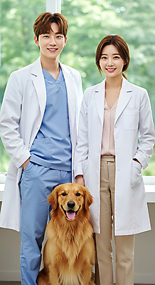 JPG 편집이미지 여자 남자 창문 서기 미소 성인 두명 의사가운 골든리트리버 강아지 주머니손 동물병원 수의사 의료성형뷰티 성인만 편집실사 AI인물포토 AI콘텐츠 모션 표정 병원 사람 반려동물 의사 가운 개 리트리버 CG 파일형식 AI포토