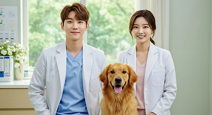 JPG 편집이미지 여자 남자 창문 미소 상반신 성인 두명 의사가운 골든리트리버 강아지 동물병원 수의사 의료성형뷰티 성인만 편집실사 AI인물포토 AI콘텐츠 표정 병원 사람 반려동물 의사 가운 개 리트리버 CG 파일형식 AI포토