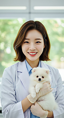 JPG 편집이미지 여자 창문 한명 미소 들기 상반신 성인 의사가운 동물병원 수의사 위생장갑 라텍스 포메라니안 의료성형뷰티 성인여자한명만 편집실사 AI인물포토 AI콘텐츠 1 장갑 모션 표정 병원 사람 의사 가운 개 CG 여자한명만 성인여자만 파일형식 AI포토