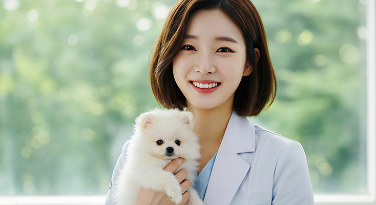 JPG 편집이미지 여자 창문 한명 미소 들기 상반신 성인 의사가운 동물병원 수의사 포메라니안 의료성형뷰티 성인여자한명만 편집실사 AI인물포토 AI콘텐츠 1 모션 표정 병원 사람 의사 가운 개 CG 여자한명만 성인여자만 파일형식 AI포토