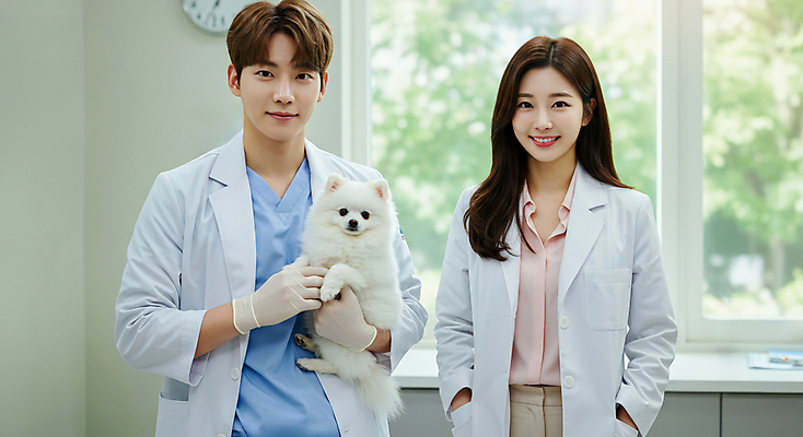 JPG 편집이미지 여자 남자 시계 창문 서기 미소 들기 성인 두명 의사가운 주머니손 동물병원 수의사 위생장갑 라텍스 포메라니안 의료성형뷰티 성인만 편집실사 AI인물포토 AI콘텐츠 장갑 모션 표정 병원 사람 의사 가운 개 CG 파일형식 AI포토