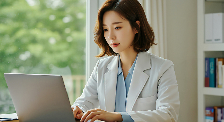 JPG 편집이미지 여자 창문 책장 한명 상반신 성인 책 노트북 타이핑 의사가운 업무 동물병원 수의사 의료성형뷰티 성인여자한명만 편집실사 IC큐레이션 AI인물포토 AI콘텐츠 1 가구 병원 사람 전자제품 의사 가운 작업 CG 여자한명만 성인여자만 파일형식 AI포토