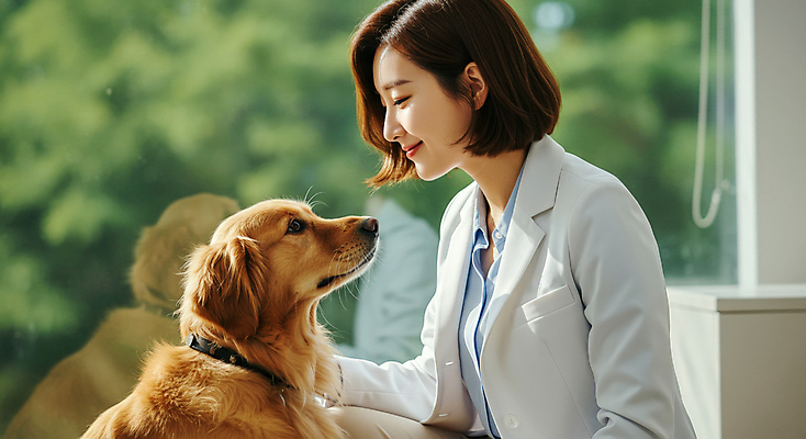 JPG 편집이미지 여자 창문 한명 미소 상반신 성인 의사가운 골든리트리버 강아지 동물병원 수의사 의료성형뷰티 성인여자한명만 쓰다듬기 편집실사 AI인물포토 AI콘텐츠 1 모션 표정 병원 사람 반려동물 의사 가운 개 리트리버 CG 여자한명만 성인여자만 파일형식 AI포토