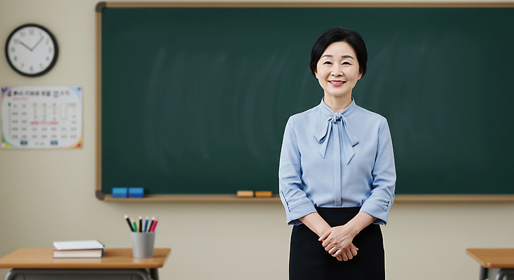 JPG 편집이미지 여자 중년 교실 한명 미소 상반신 칠판 시간표 스승의날 책상 벽시계 연필꽂이 5월행사 손모으기 칠판지우개 스승의은혜 의료성형뷰티 중년여자한명만 편집실사 AI인물포토 AI콘텐츠 1 교육 기념일 시계 가구 학교 문구용품 표정 사람 손짓 이벤트 성인 계획 5월 CG 여자한명만 중년여자만 파일형식 AI포토