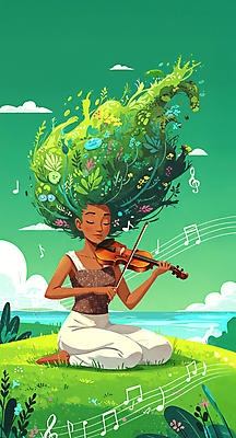 JPG 전신 구름 여자 꽃 호수 연주 음표 일러스트 자연 하늘 한명 들기 잔디 성인 연두색 눈감음 풀잎 무릎꿇기 바이올린 바이올린활 여신 성인여자한명만 국내일러스트 AI일러스트 AI콘텐츠 자연요소 식물 1 기호 음악 잎 모션 현악기 사람 초록색 풀_식물 생태계 여자한명만 성인여자만 파일형식