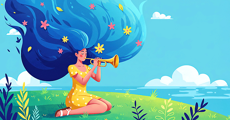 JPG 전신 구름 여자 꽃 바다 하늘색 연주 일러스트 자연 하늘 한명 들기 잔디 성인 눈감음 풀잎 무릎꿇기 트럼펫 여신 성인여자한명만 국내일러스트 AI일러스트 AI콘텐츠 자연요소 식물 1 음악 잎 모션 사람 파란색 풀_식물 금관악기 생태계 여자한명만 성인여자만 파일형식