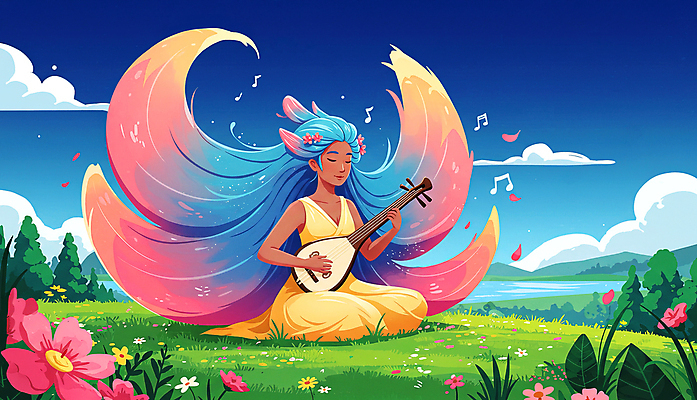 JPG 전신 나무 구름 여자 꽃잎 호수 꽃밭 연주 음표 일러스트 자연 하늘 한명 들기 앉기 성인 컬러풀 풀잎 류트 여신 의료성형뷰티 성인여자한명만 국내일러스트 AI일러스트 AI콘텐츠 자연요소 식물 1 기호 꽃 음악 컬러 잎 모션 사람 풀_식물 생태계 여자한명만 성인여자만 파일형식