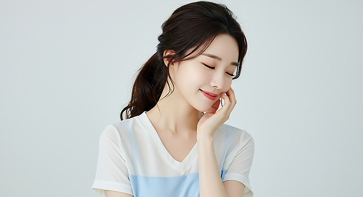 JPG 편집이미지 여자 한명 미소 상반신 성인 뷰티 손들기 눈감음 만지기 의료성형뷰티 성인여자한명만 편집실사 AI인물포토 AI콘텐츠 1 모션 표정 사람 CG 여자한명만 성인여자만 파일형식 AI포토
