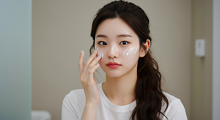 JPG 편집이미지 여자 실내 한명 상반신 성인 손들기 크림 피부관리 바르기 의료성형뷰티 성인여자한명만 편집실사 AI인물포토 AI콘텐츠 1 모션 사람 내부 뷰티 CG 여자한명만 성인여자만 파일형식 AI포토