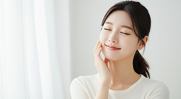 JPG 편집이미지 여자 실내 한명 미소 상반신 성인 뷰티 손들기 눈감음 커튼 의료성형뷰티 성인여자한명만 편집실사 AI인물포토 AI콘텐츠 1 모션 표정 사람 내부 CG 여자한명만 성인여자만 파일형식 AI포토