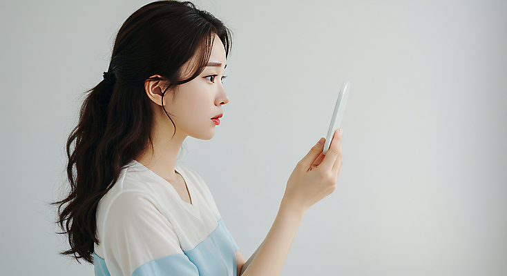 JPG 편집이미지 응시 여자 한명 들기 상반신 성인 뷰티 거울 집중 의료성형뷰티 성인여자한명만 편집실사 AI인물포토 AI콘텐츠 1 시선 컨셉 모션 사람 CG 여자한명만 성인여자만 파일형식 AI포토