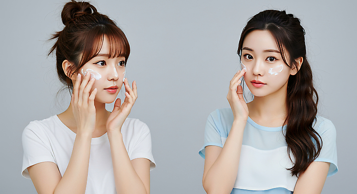 JPG 편집이미지 여자 상반신 성인 두명 손들기 크림 피부관리 바르기 의료성형뷰티 성인여자만 편집실사 AI인물포토 AI콘텐츠 모션 사람 뷰티 CG 여자만 성인만 파일형식 AI포토