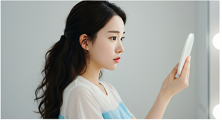 JPG 편집이미지 여자 한명 들기 상반신 성인 옆모습 뷰티 거울 집중 의료성형뷰티 성인여자한명만 편집실사 AI인물포토 AI콘텐츠 1 뷰포인트 컨셉 모션 사람 CG 여자한명만 성인여자만 파일형식 AI포토