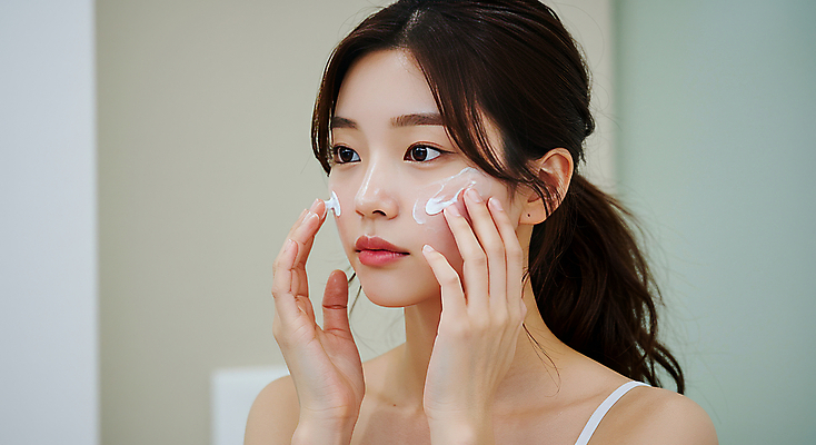 JPG 편집이미지 여자 실내 한명 상반신 성인 손들기 크림 피부관리 바르기 의료성형뷰티 성인여자한명만 편집실사 AI인물포토 AI콘텐츠 1 모션 사람 내부 뷰티 CG 여자한명만 성인여자만 파일형식 AI포토