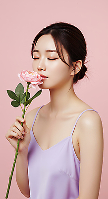 JPG 편집이미지 여자 꽃 분홍색 한송이 한명 들기 상반신 성인 뷰티 눈감음 향기 의료성형뷰티 성인여자한명만 편집실사 AI인물포토 AI콘텐츠 식물 1 컬러 모션 사람 CG 냄새 송이 여자한명만 성인여자만 파일형식 AI포토