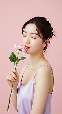JPG 편집이미지 여자 꽃 분홍색 한송이 한명 들기 상반신 성인 뷰티 눈감음 향기 의료성형뷰티 성인여자한명만 편집실사 AI인물포토 AI콘텐츠 식물 1 컬러 모션 사람 CG 냄새 송이 여자한명만 성인여자만 파일형식 AI포토