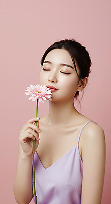 JPG 편집이미지 여자 꽃 분홍색 한송이 한명 들기 상반신 성인 뷰티 눈감음 향기 의료성형뷰티 성인여자한명만 편집실사 AI인물포토 AI콘텐츠 식물 1 컬러 모션 사람 CG 냄새 송이 여자한명만 성인여자만 파일형식 AI포토