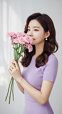 JPG 편집이미지 여자 꽃다발 한명 미소 들기 상반신 성인 뷰티 보라색 향기 의료성형뷰티 성인여자한명만 편집실사 AI인물포토 AI콘텐츠 1 꽃 컬러 모션 표정 사람 CG 냄새 여자한명만 성인여자만 파일형식 AI포토