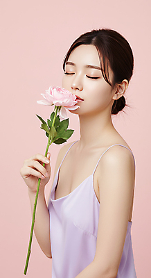 JPG 편집이미지 여자 꽃 분홍색 한송이 한명 미소 들기 상반신 성인 눈감음 향기 의료성형뷰티 성인여자한명만 편집실사 AI인물포토 AI콘텐츠 식물 1 컬러 모션 표정 사람 CG 냄새 송이 여자한명만 성인여자만 파일형식 AI포토