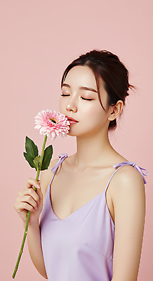 JPG 편집이미지 여자 꽃 분홍색 한송이 한명 들기 상반신 성인 뷰티 눈감음 향기 의료성형뷰티 성인여자한명만 편집실사 AI인물포토 AI콘텐츠 식물 1 컬러 모션 사람 CG 냄새 송이 여자한명만 성인여자만 파일형식 AI포토