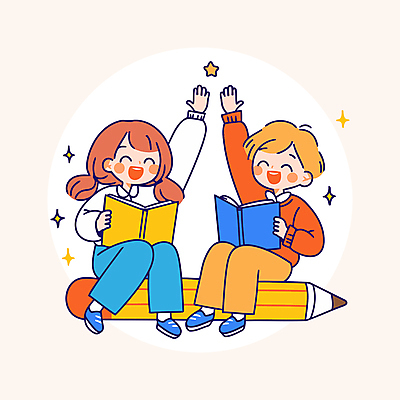 전신 여자 교육 남자 어린이 일러스트 웃음 들기 앉기 소녀 소년 두명 책 반짝임 손들기 지우개연필 어린이만 국내일러스트 AI파일 모션 표정 사람 연필 파일형식 벡터