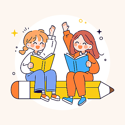 전신 여자 교육 어린이 일러스트 웃음 들기 앉기 소녀 두명 책 반짝임 손들기 지우개연필 소녀만 국내일러스트 AI파일 모션 표정 사람 연필 여자만 어린이만 파일형식 벡터