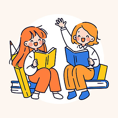 전신 여자 교육 어린이 일러스트 웃음 들기 앉기 소녀 두명 책 손들기 지우개연필 소녀만 국내일러스트 AI파일 모션 표정 사람 연필 여자만 어린이만 파일형식 벡터