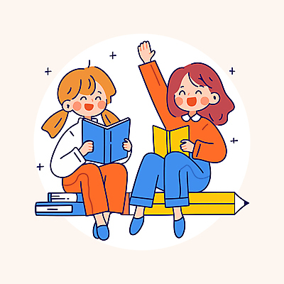 전신 여자 교육 어린이 일러스트 웃음 들기 앉기 소녀 두명 책 반짝임 손들기 지우개연필 소녀만 국내일러스트 AI파일 모션 표정 사람 연필 여자만 어린이만 파일형식 벡터