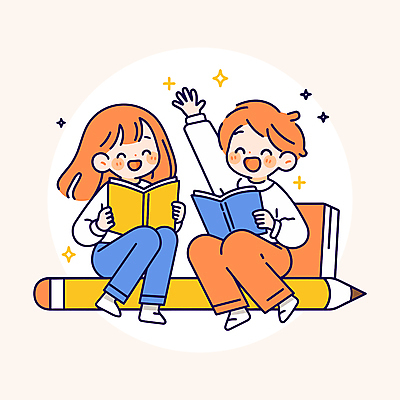 전신 여자 교육 남자 어린이 일러스트 웃음 들기 앉기 소녀 소년 두명 책 반짝임 손들기 지우개연필 어린이만 국내일러스트 AI파일 모션 표정 사람 연필 파일형식 벡터