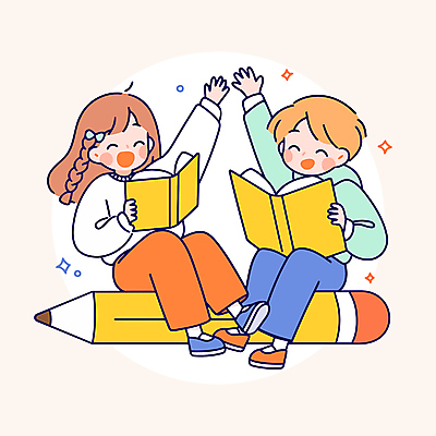 전신 여자 교육 남자 어린이 일러스트 웃음 들기 앉기 소녀 소년 두명 책 반짝임 손들기 지우개연필 어린이만 국내일러스트 AI파일 모션 표정 사람 연필 파일형식 벡터