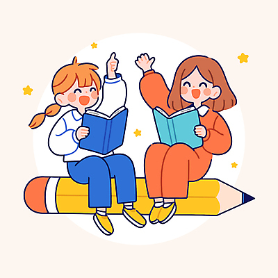 전신 여자 교육 어린이 일러스트 웃음 들기 앉기 소녀 두명 책 반짝임 손들기 따봉 지우개연필 소녀만 국내일러스트 AI파일 모션 표정 사람 연필 최고 여자만 어린이만 파일형식 벡터