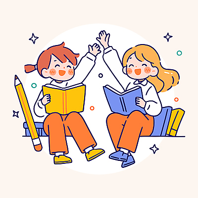 전신 여자 교육 어린이 일러스트 웃음 들기 앉기 소녀 두명 책 반짝임 손들기 지우개연필 소녀만 국내일러스트 AI파일 모션 표정 사람 연필 여자만 어린이만 파일형식 벡터